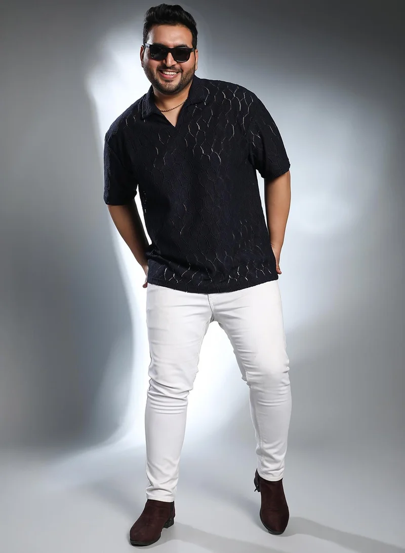 Instafab Plus Men's Navy Blue Honeycomb-Knit Polo T-Shirt